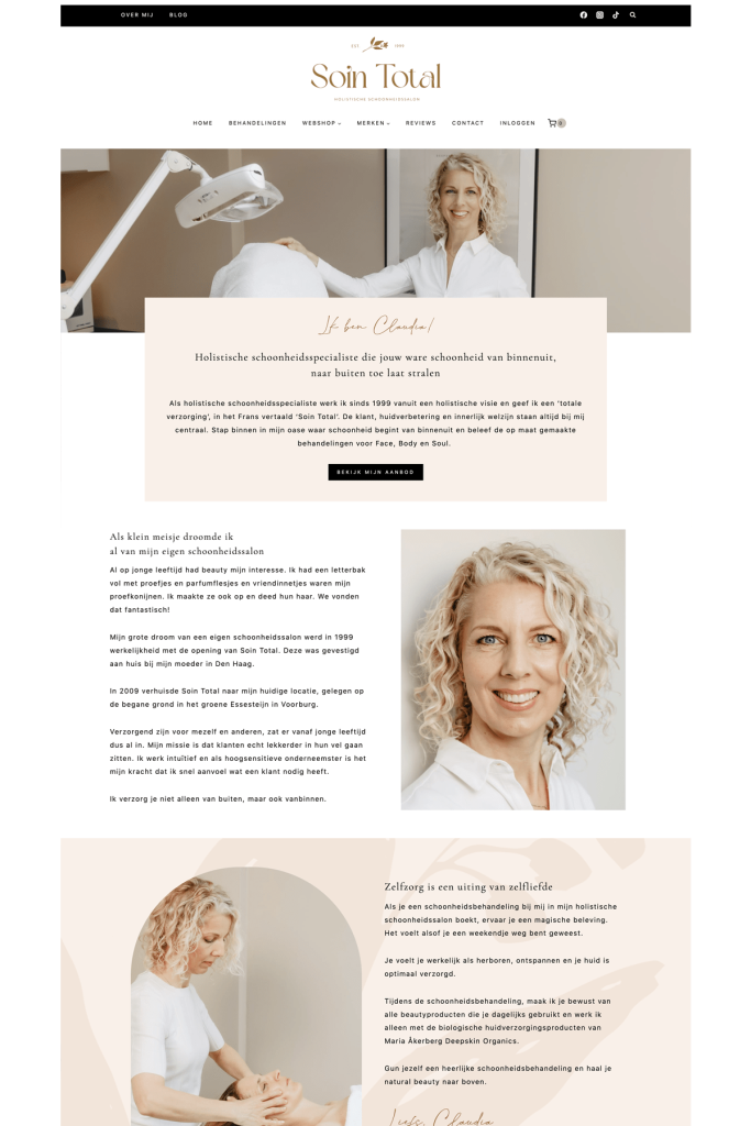 wordpress website voor schoonheidsspecialiste | Voorbeeld over mij pagina webshop